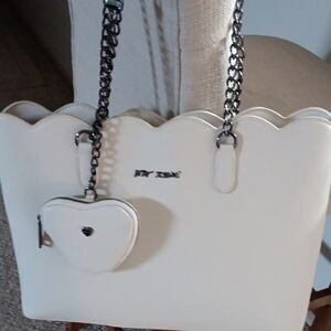 Betsey Johnson Cream Scalloped Tote with Heart Coin Purse